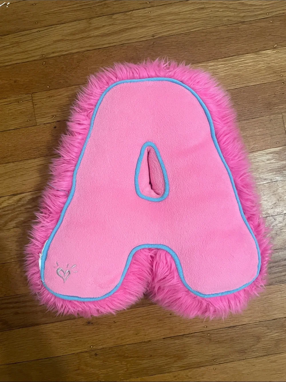 Vintage Claire's Pink Fuzzy Letter A Pillow with Rainbow Sequin Stripes